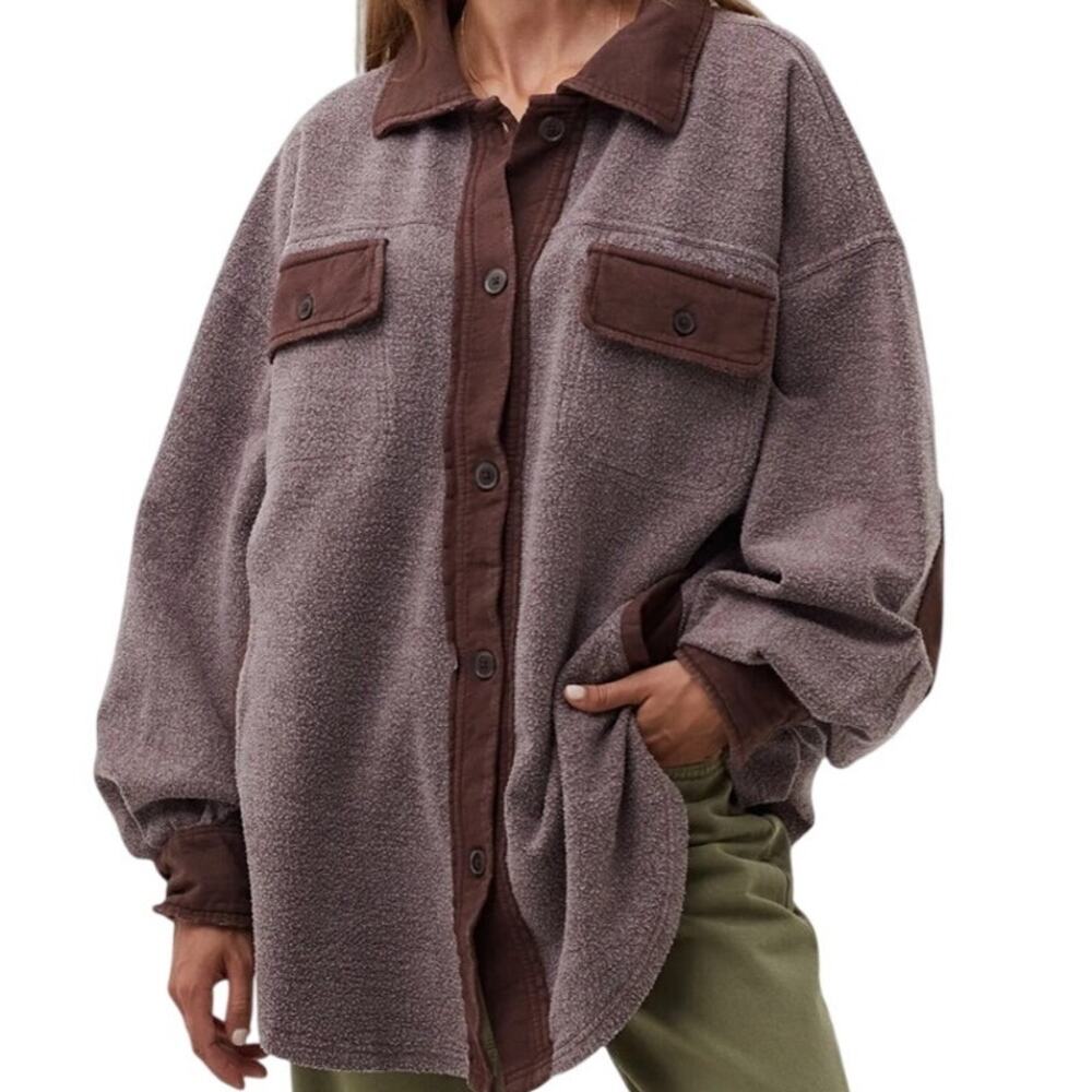 Free People Ruby Oversized Shacket Wine Burgundy Distressed Grunge Small EUC